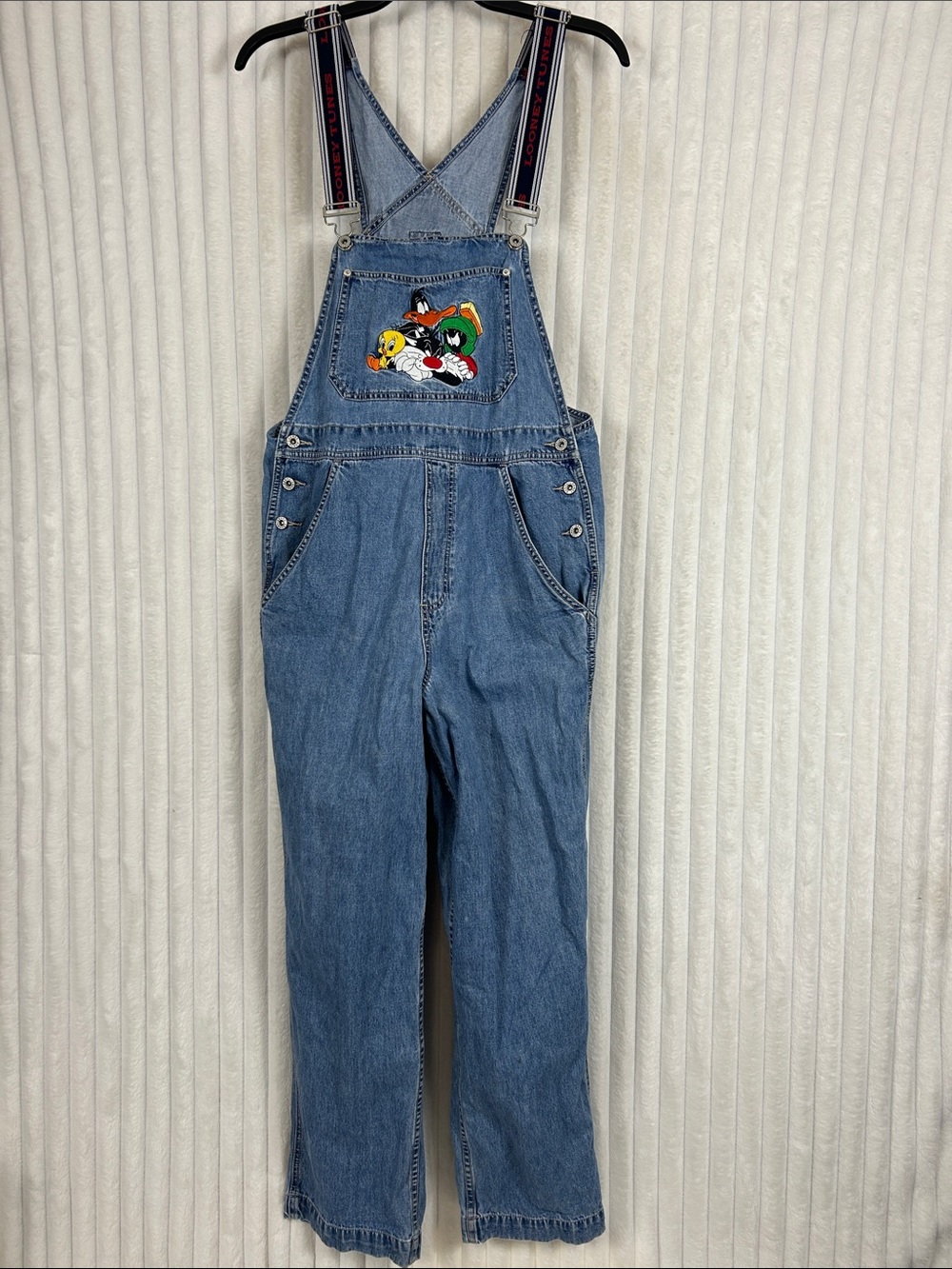 90s Vintage embroidered Looney Tunes Denim Overalls Warner Bros Adult M